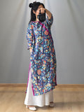 Women Summer Vintage Floral Frog Spliced Split Hem Dress