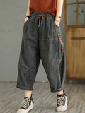 Women Retro Flower Embroidery Harem Jeans