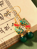 Women Ethnic Green Agate Cloisonne Fish Copper Earrings