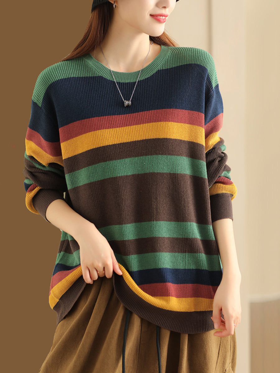 Women Autumn Stripe Colorblock Knitted Sweater