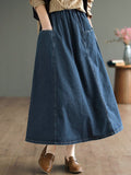 Women Artsy Solid Spliced Pocket Loose Denim Skirt