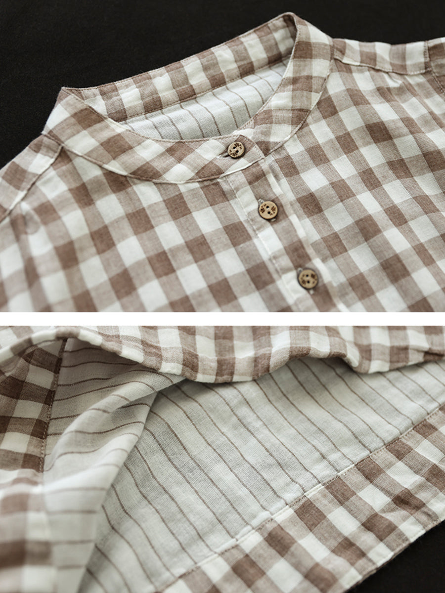 Chemise en coton à manches chauve-souris pour femmes, rétro, boutons à carreaux