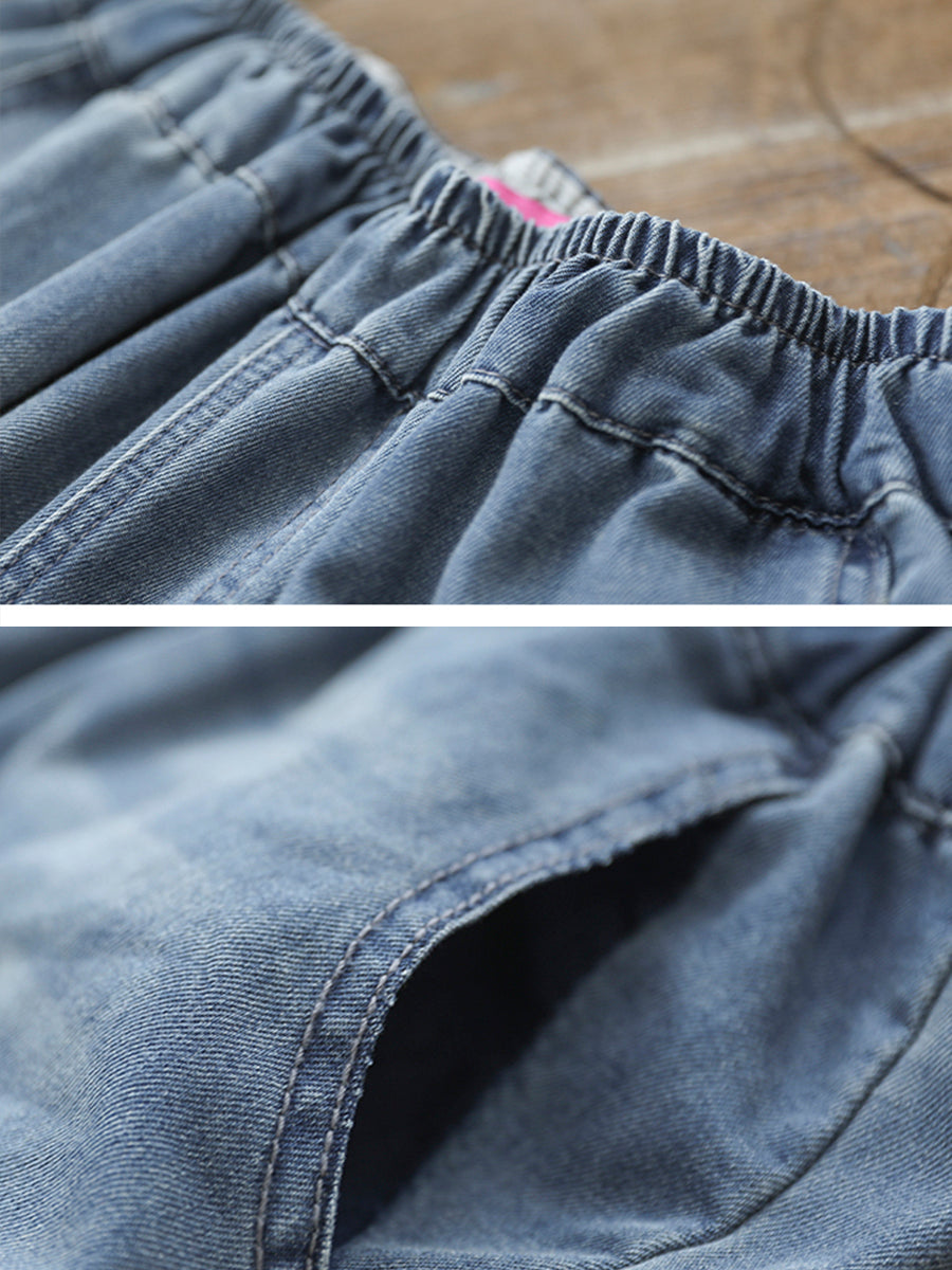 Women Retro Patch Stitching Spliced Frayed Denim Pants