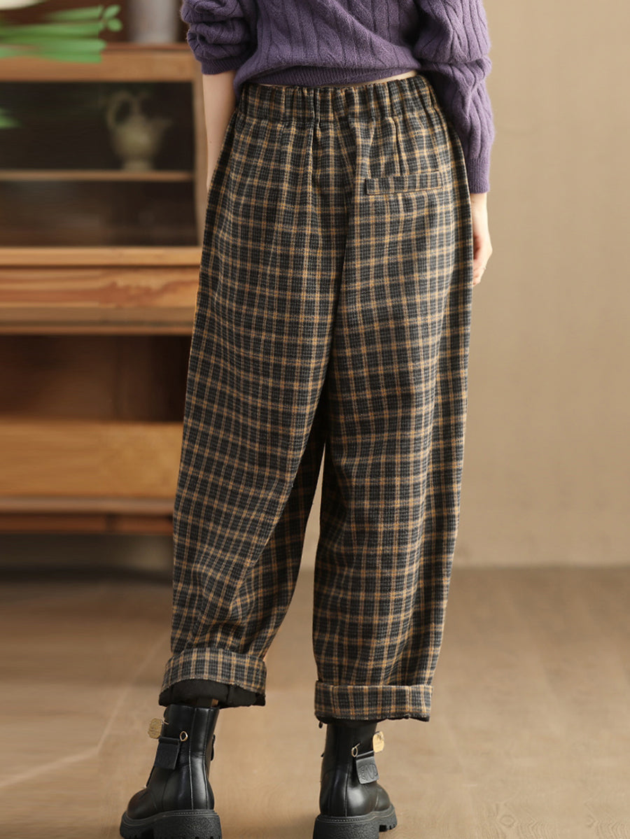 Pantalon sarouel rétro à carreaux pour femme, grande taille, hiver