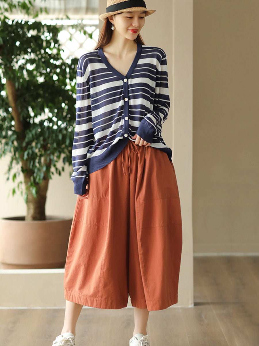 Women Summer Stripe Casual Knitted Linen Cardigan Shirt