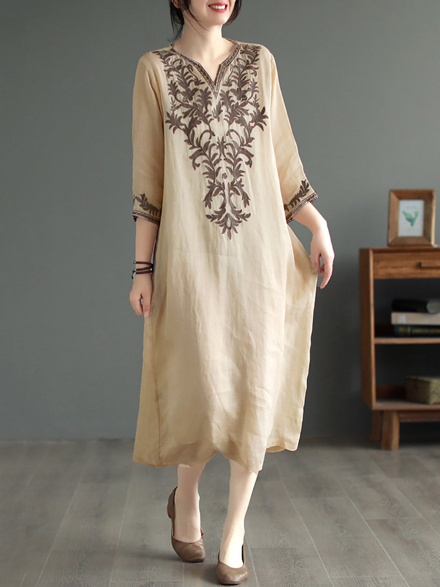 Women Summer Ethnic Embroidery Loose Ramie Dress(2 Pieces)