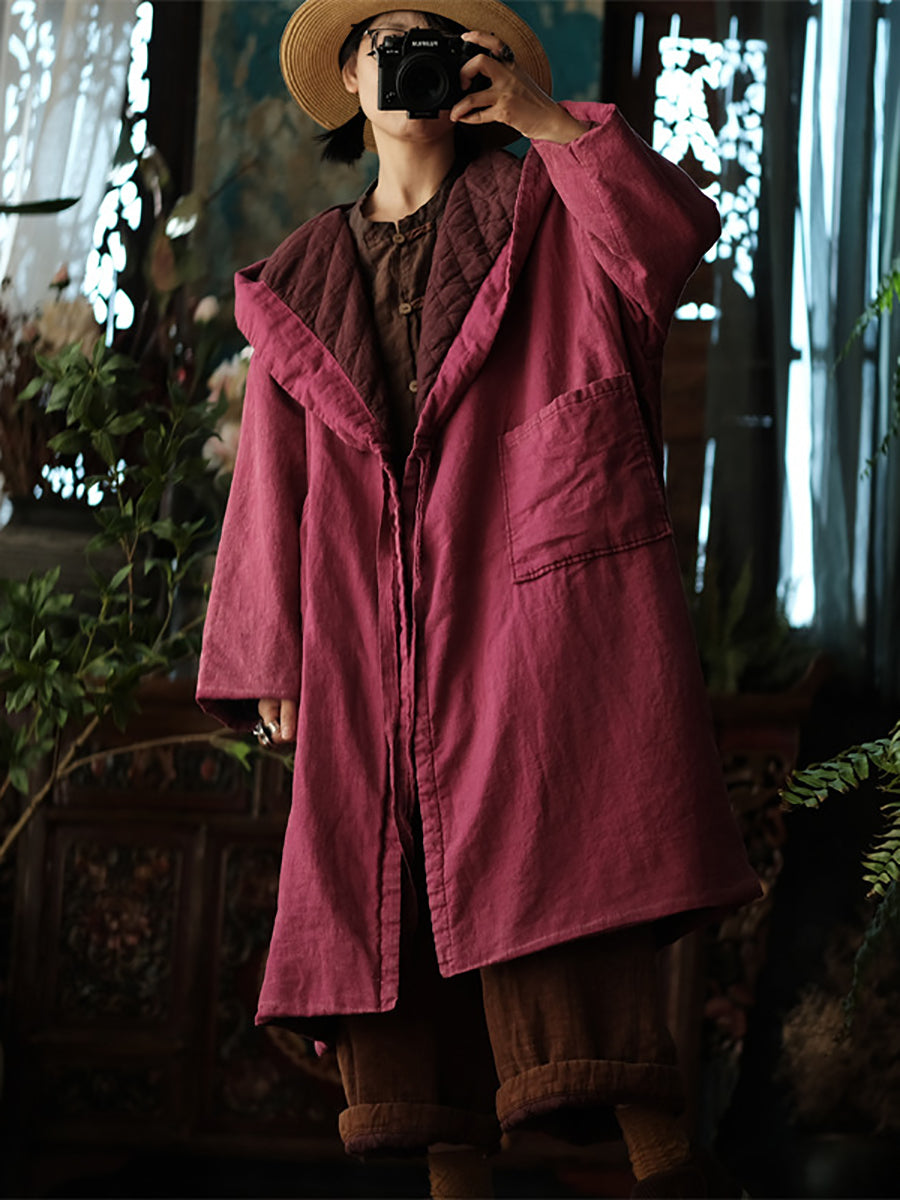 Women Ethnic Solid Winter Cotton Linen Hooded Coat