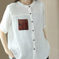 Women Summer Vintage Patch Pocket Stitching Linen Shirt