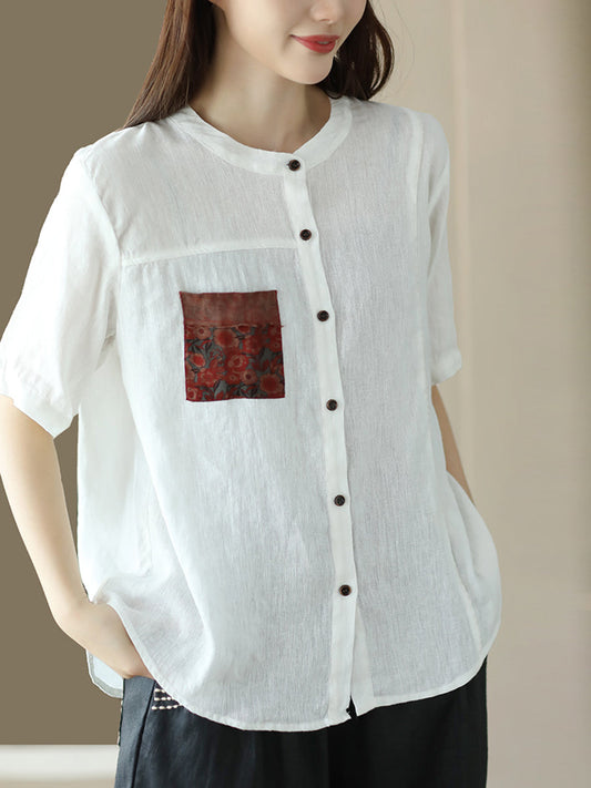 Women Summer Vintage Patch Pocket Stitching Linen Shirt