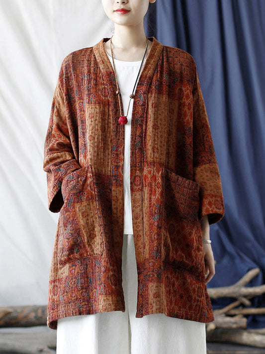 Manteau ample imprimé avec poches ethniques pour femmes, automne