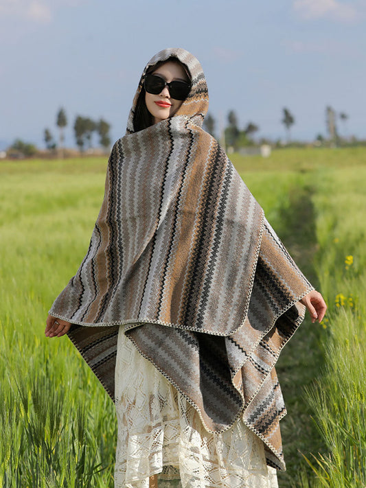 Women Ethnic Colorful Stripe Hooded Shawl