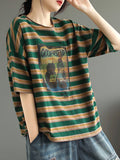 Women Summer Casual Stripe Cartoon Print Cotton Shirt