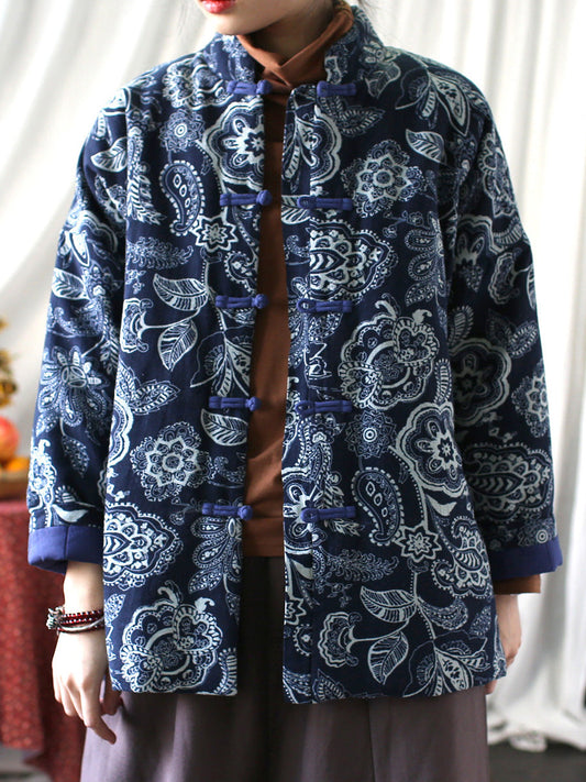 Women Vintage Flower Print Winter Padded Coat