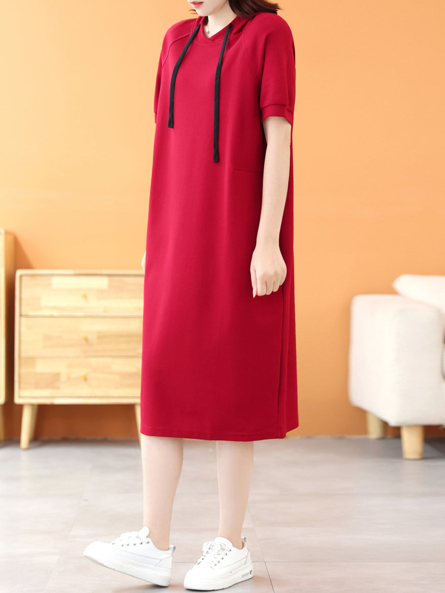 Women Summer Casual Solid Drawstring Hooded Cotton Dress