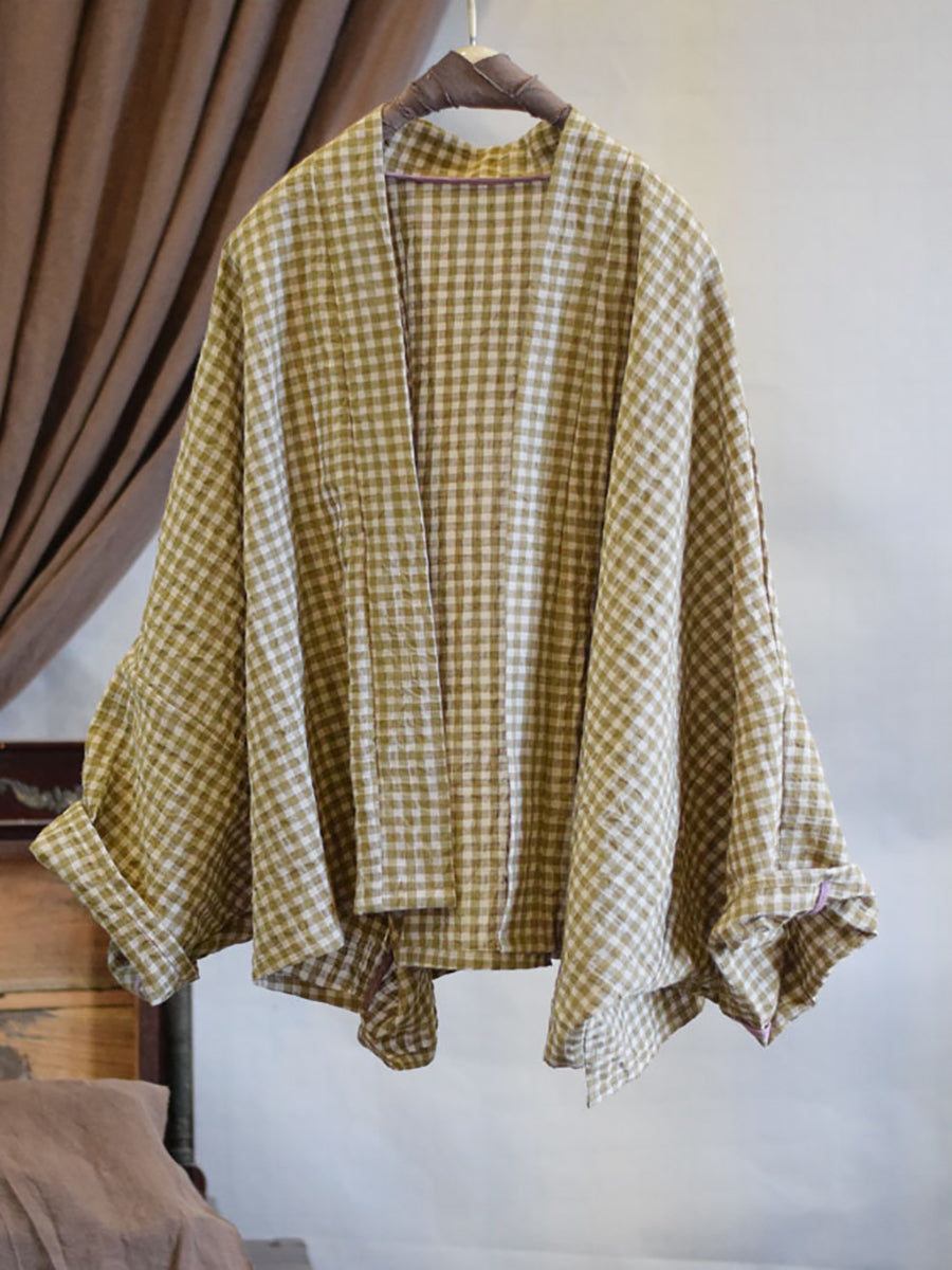 Women Spring Vintage Plaid Long Hem Linen Shirt
