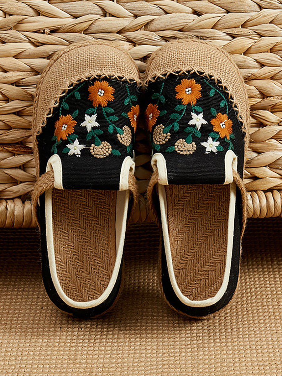 Women Summer Flower Embroidery Linen Spliced Straw Shoes
