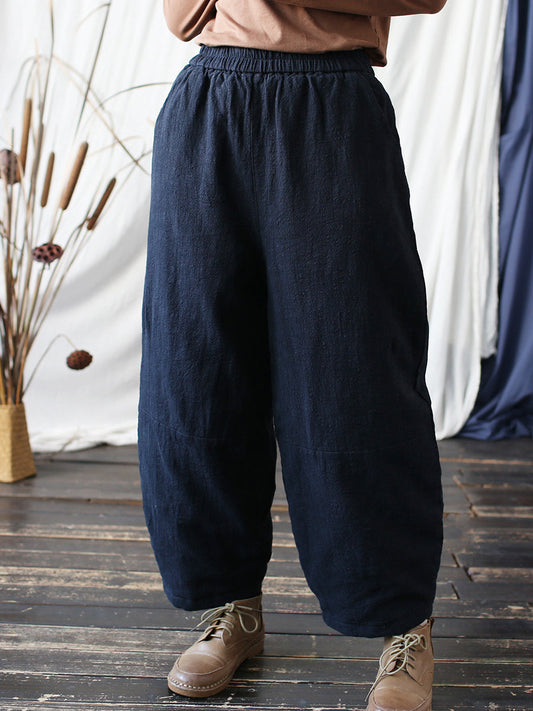 Women Vintage Winter Solid Ramie Padded Harem Pants