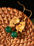 Women Ethnic Green Agate Cloisonne Fish Copper Earrings