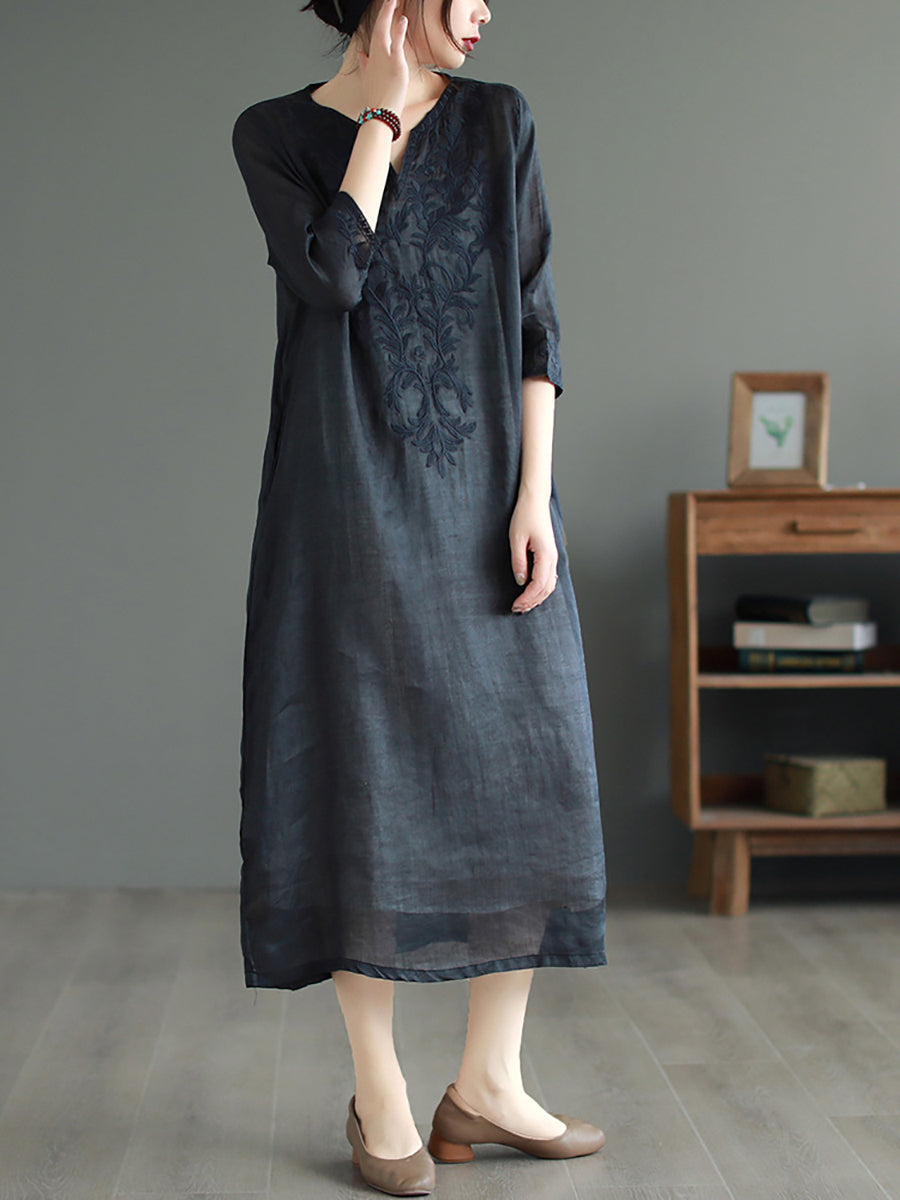 Women Summer Ethnic Embroidery Loose Ramie Dress(2 Pieces)