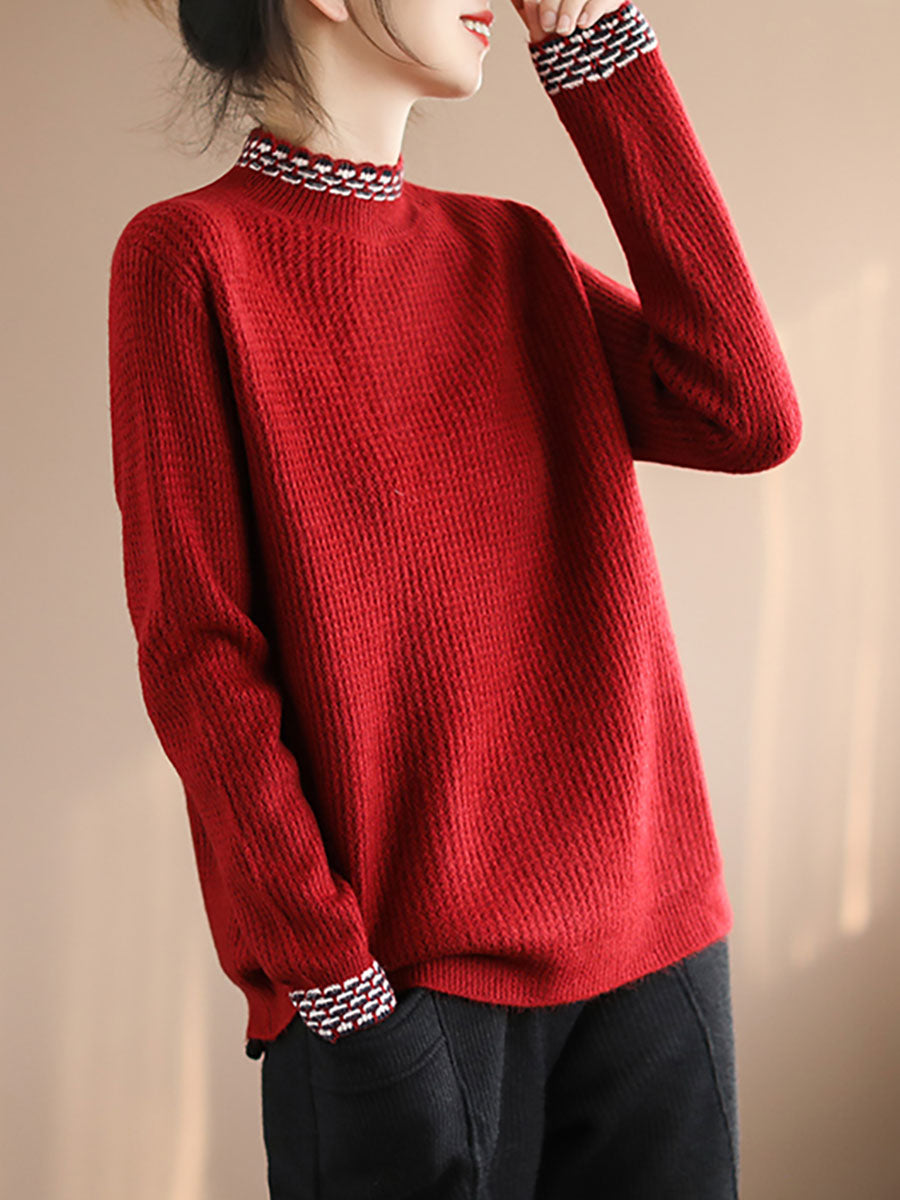 Women Vintage Winter Spliced Knitted Loose Sweater