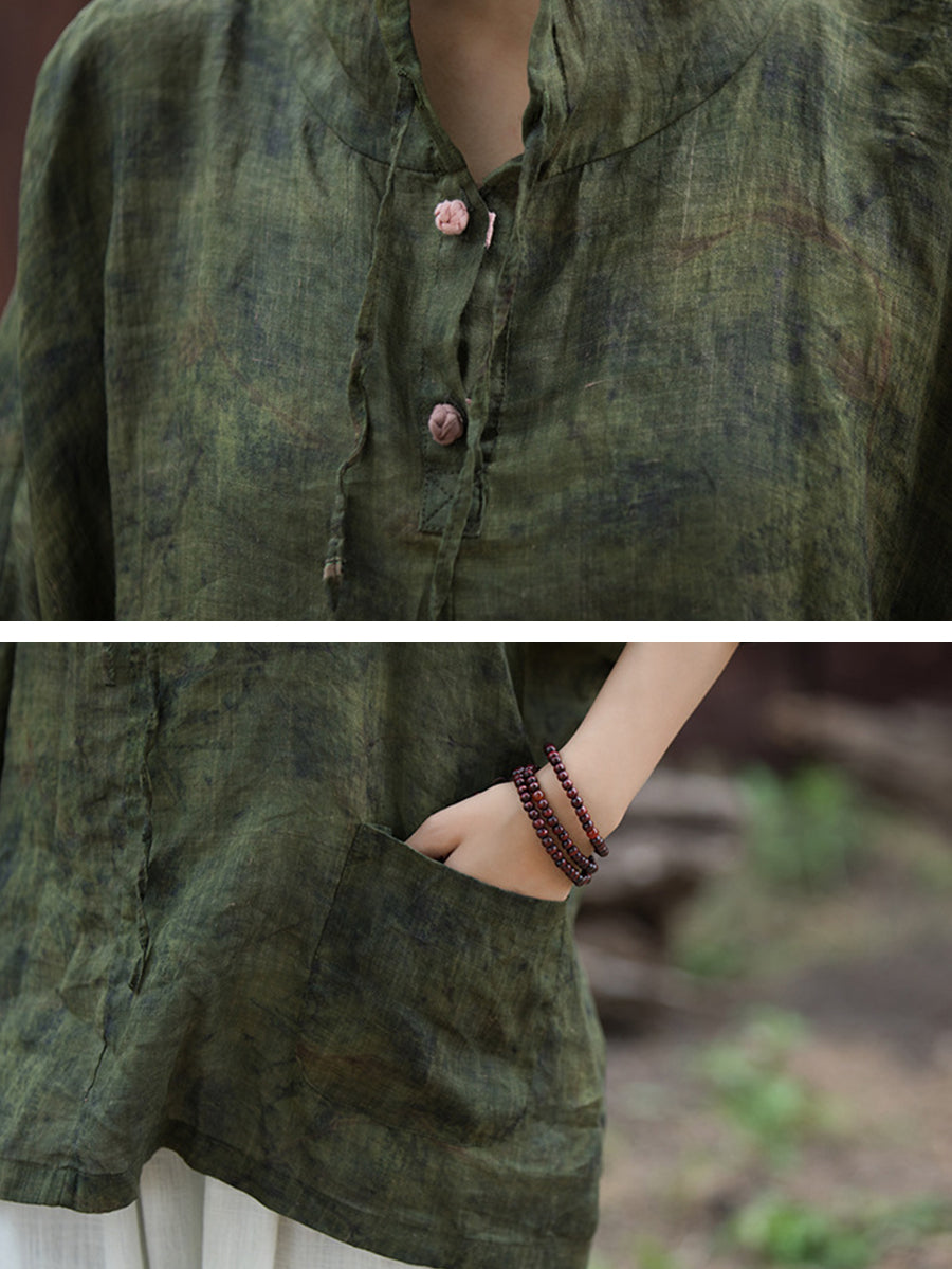 Women Summer Vintage Tie-dye Batwing Sleeve Hooded Ramie Shirt