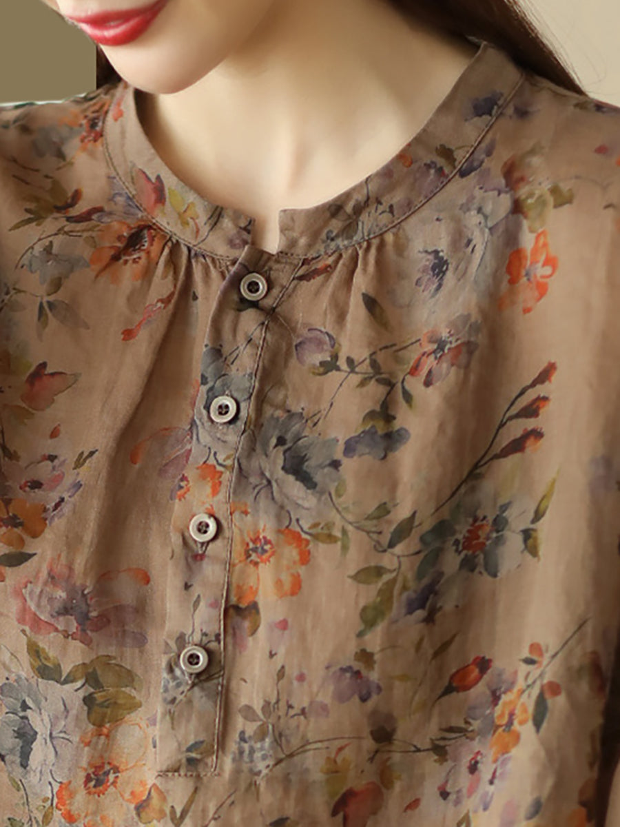 Chemise Ramie à boutons floraux pour femmes, été
