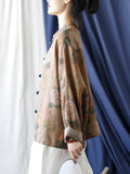 Women National Style Flower Button Loose Ramie Shirt
