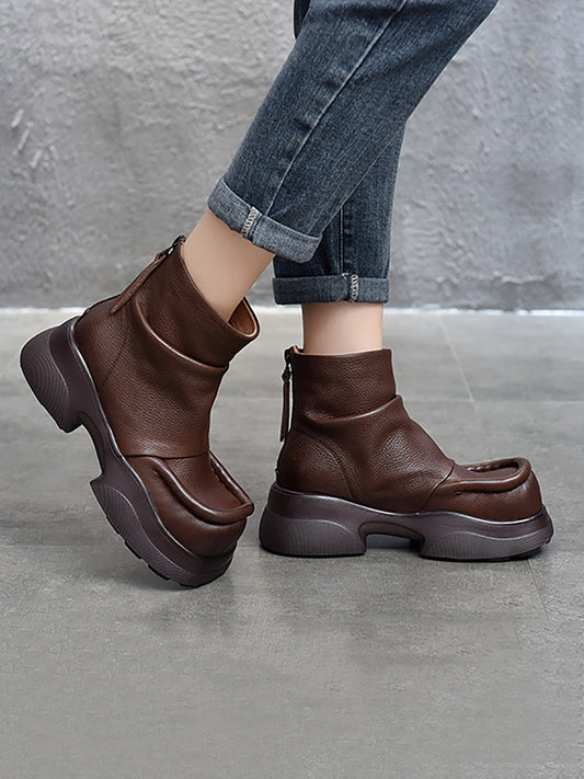 Women Retro Pure Leather Square-Toe Platform Boots