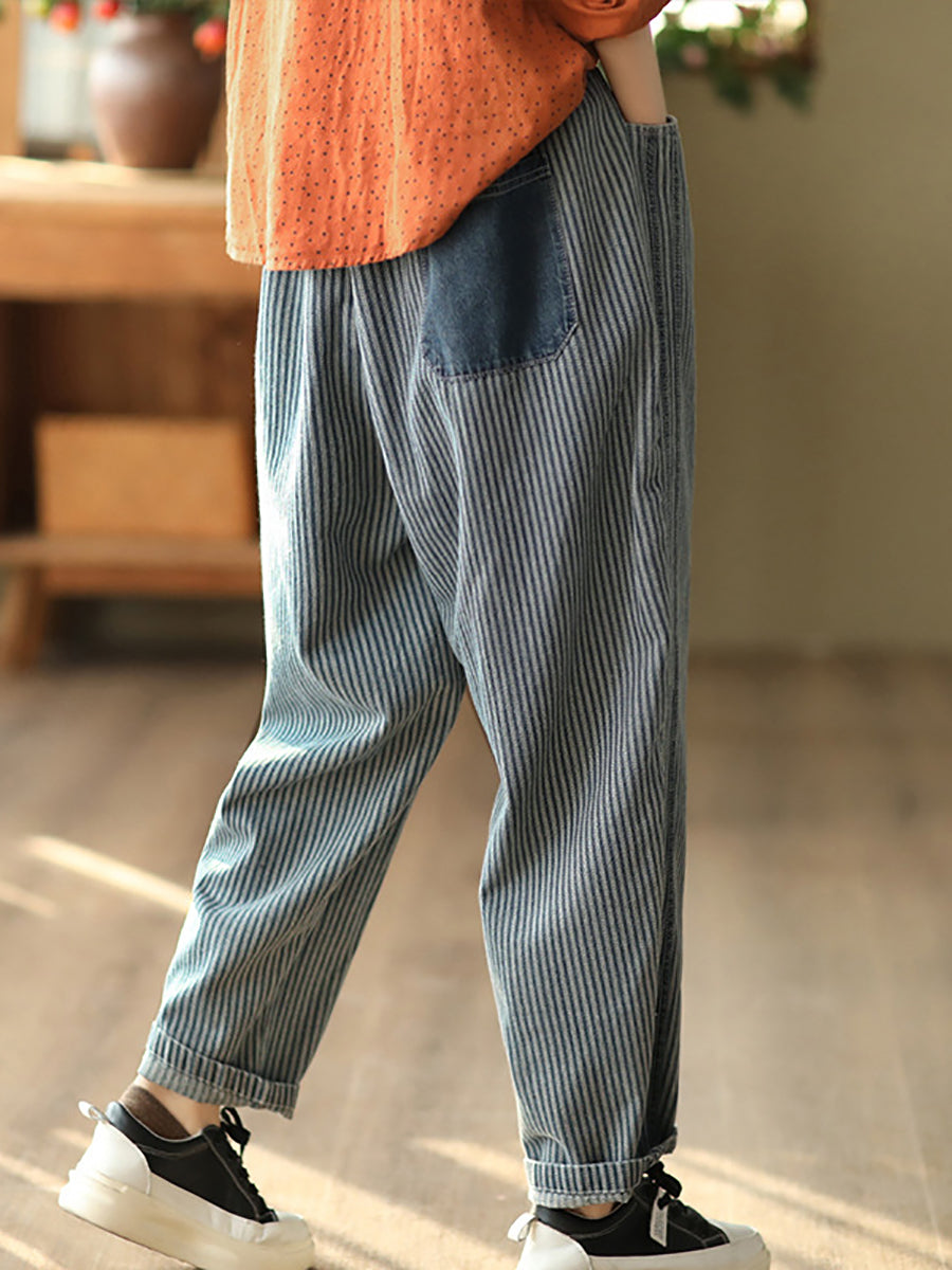 Women Vintage Spliced Stripe Pocket Harem Pants