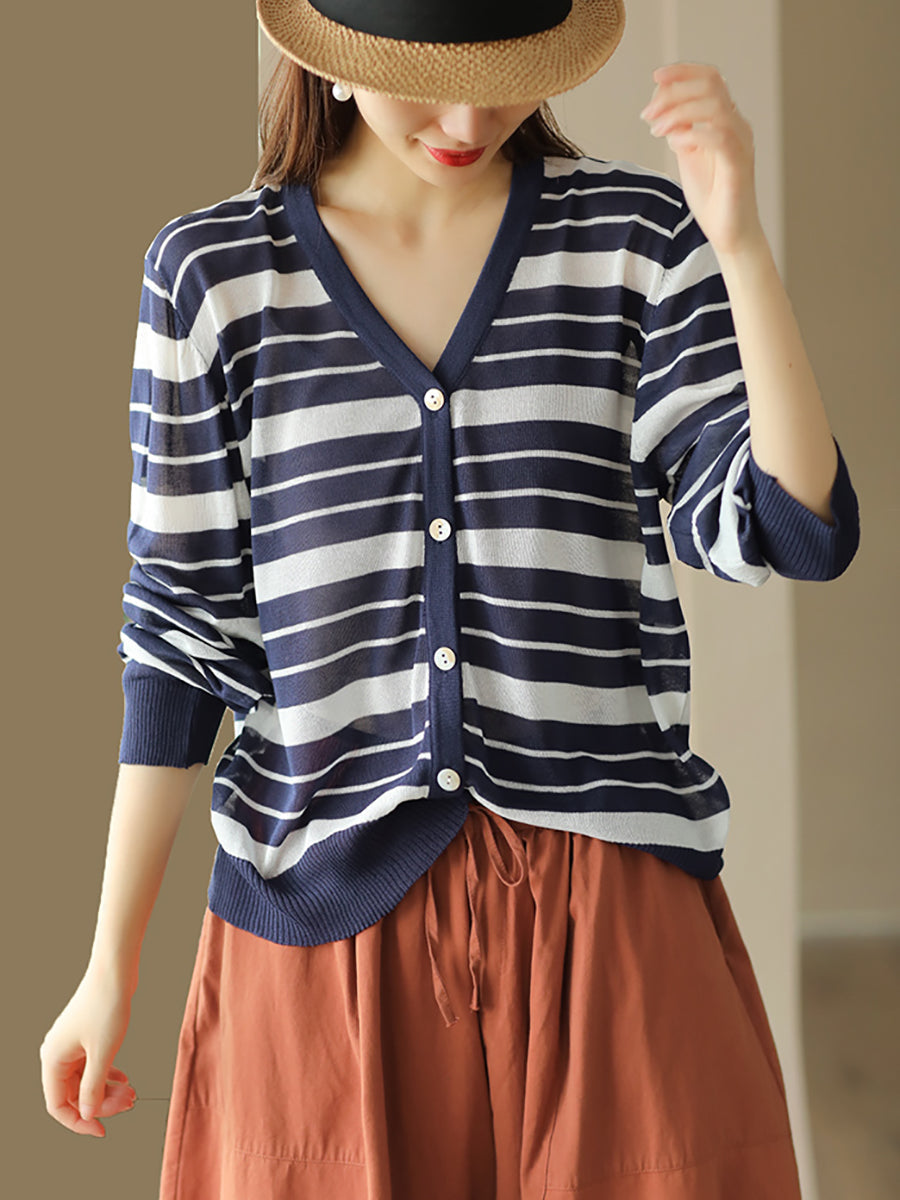 Women Summer Stripe Casual Knitted Linen Cardigan Shirt