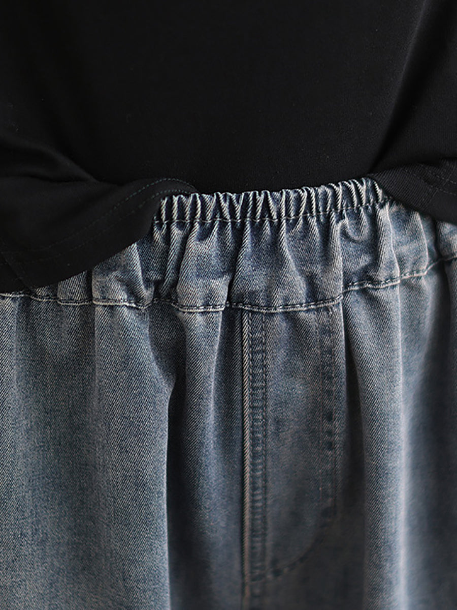 Women Casual Washed Stitching Denim Harem Pants