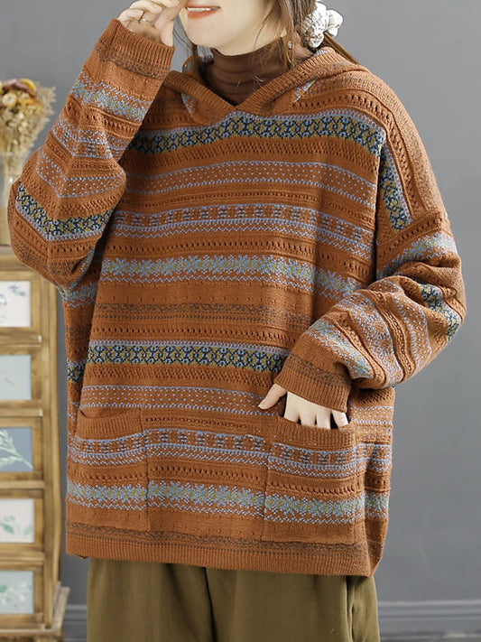 Pull à capuche en coton tricoté jacquard pour femme hiver