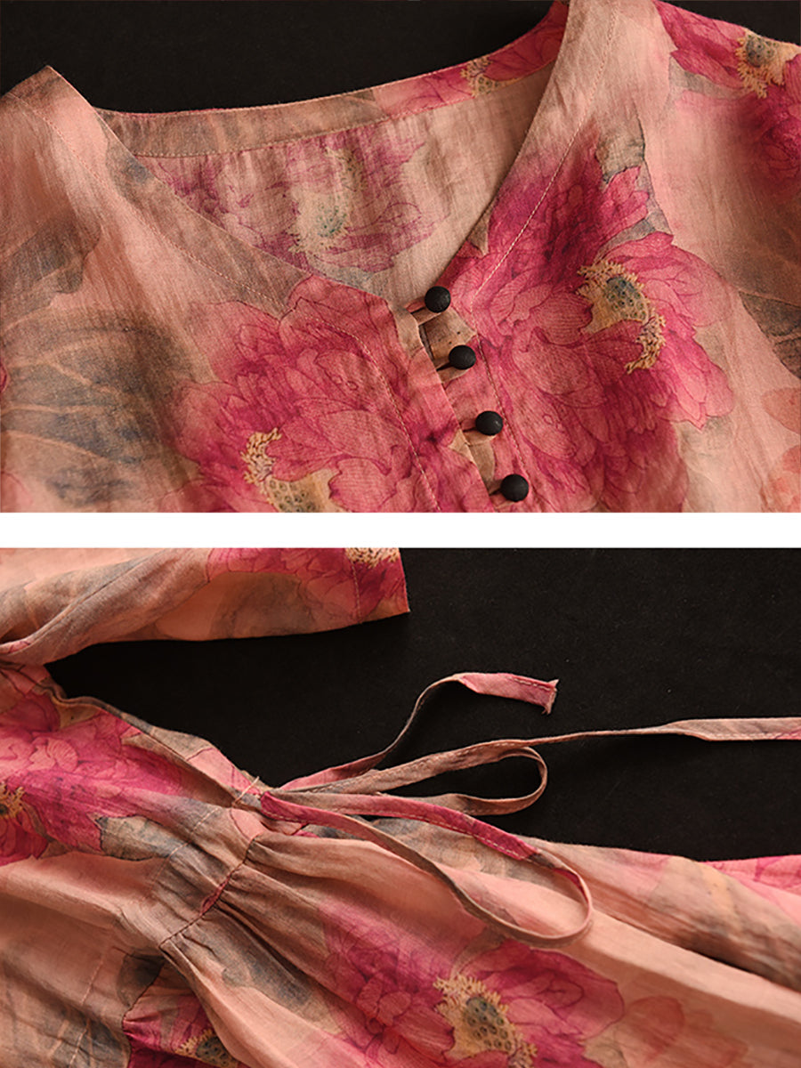 Robe Ramie rétro plissée à fleurs pour femmes, col en v, été