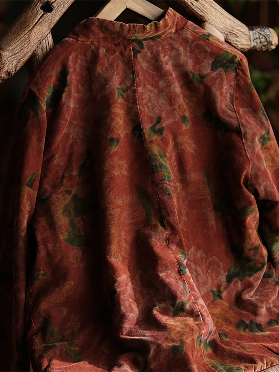 Women Vintage Floral V-Neck Cotton Padded Coat