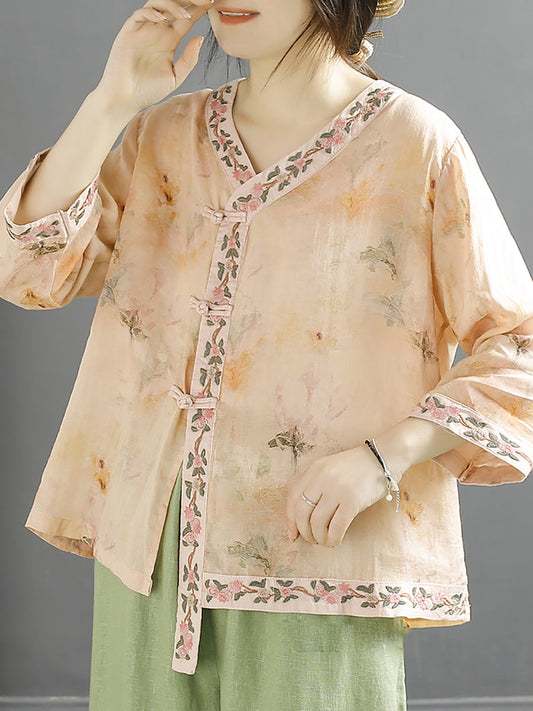 Women Vintage Flower Spliced Ramie Spring Shirt