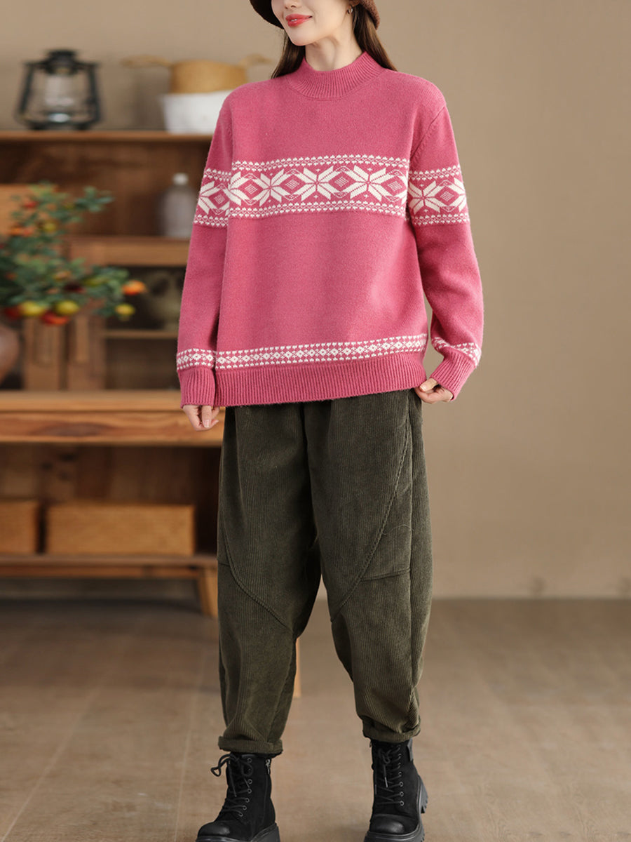 Women Winter Flower Knitted Casual Half-Turtleneck Sweater