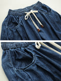 Women Summer Solid Washed Drawstring Pocket Denim Pants