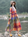 Women Vintage Summer Colorful Plaid Spliced Drawstring Dress