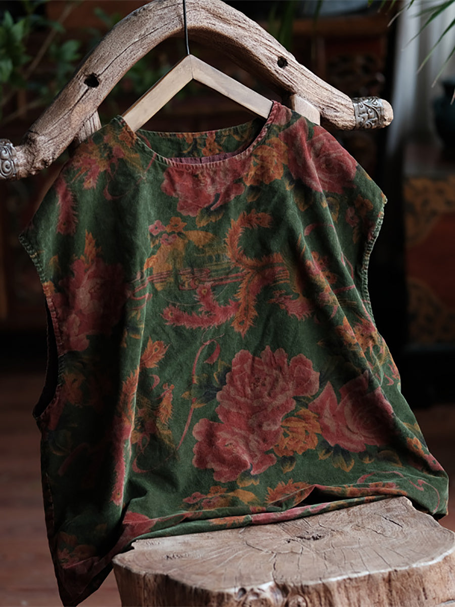 Women Retro Flower Print O-Neck Cotton Vest