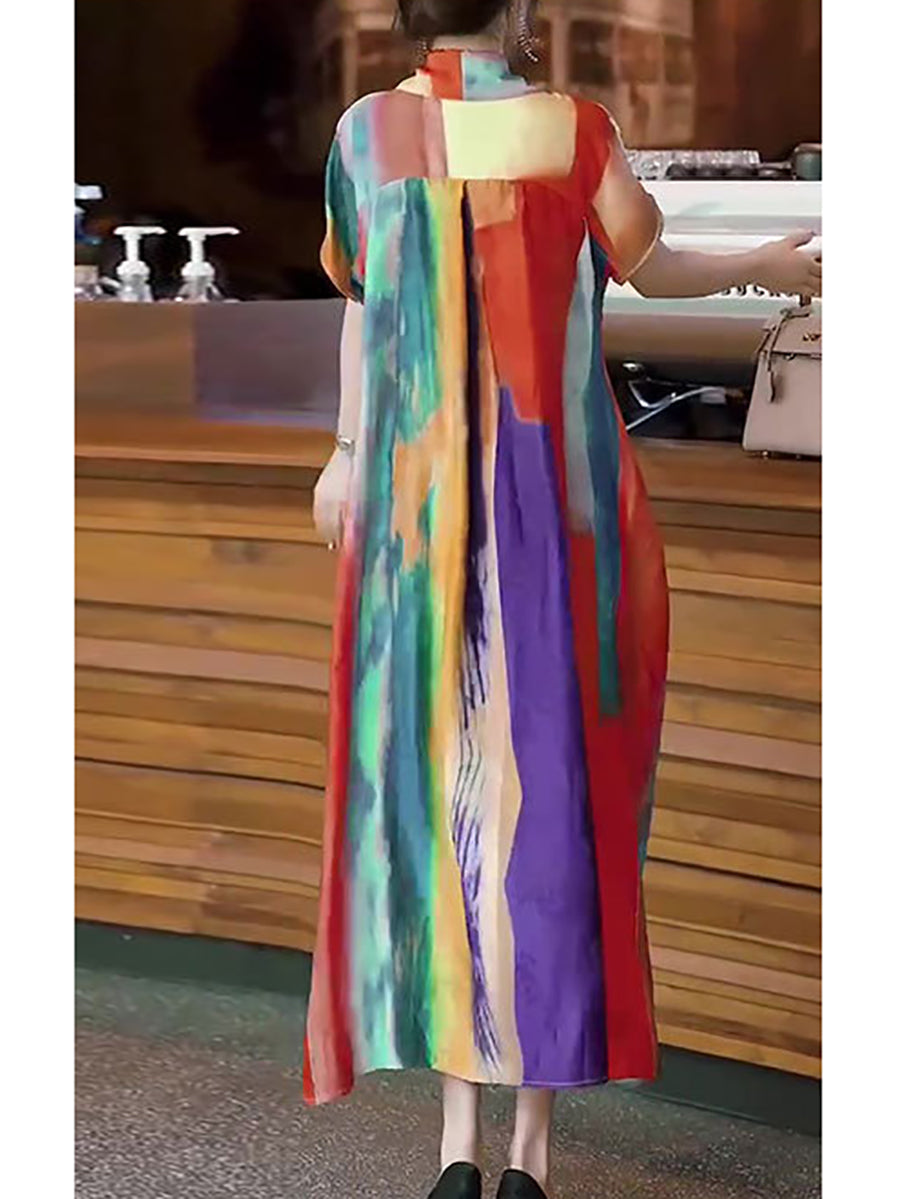 Women Casual Summer Multicolor Drawstring V-Neck Dress