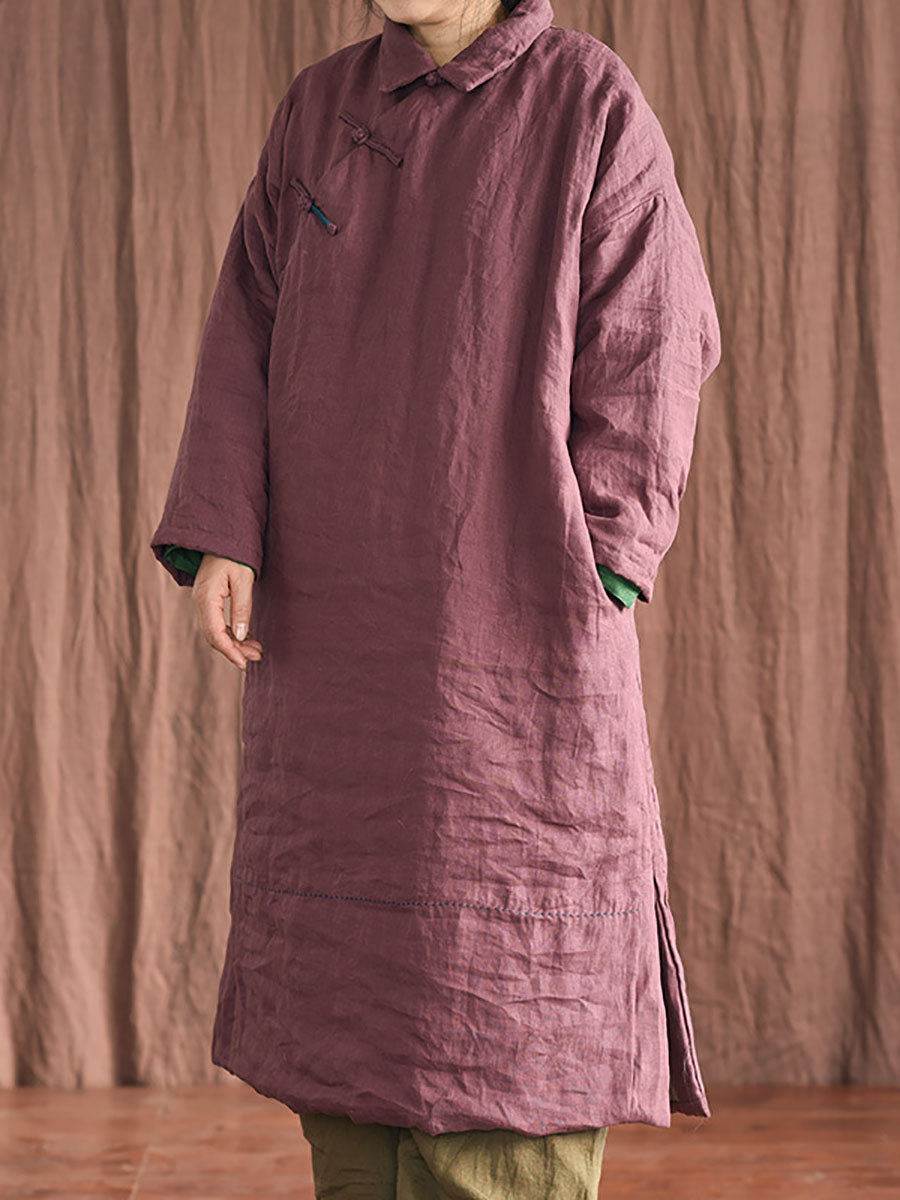 Femmes chinois Vintage grenouille solide ourlet fendu Robe en lin manteau