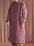 Women Chinese Vintage Frog Solid Split Hem Linen Robe Coat