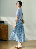 Women Summer Artsy Leaf Pleat Drawstring Ramie Skirt