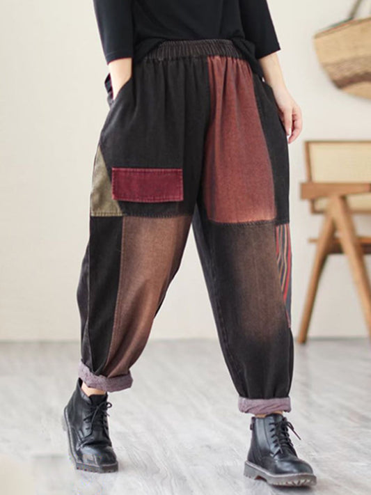 Pantalon sarouel à poches épissées en Coloblock Artsy pour femmes, printemps