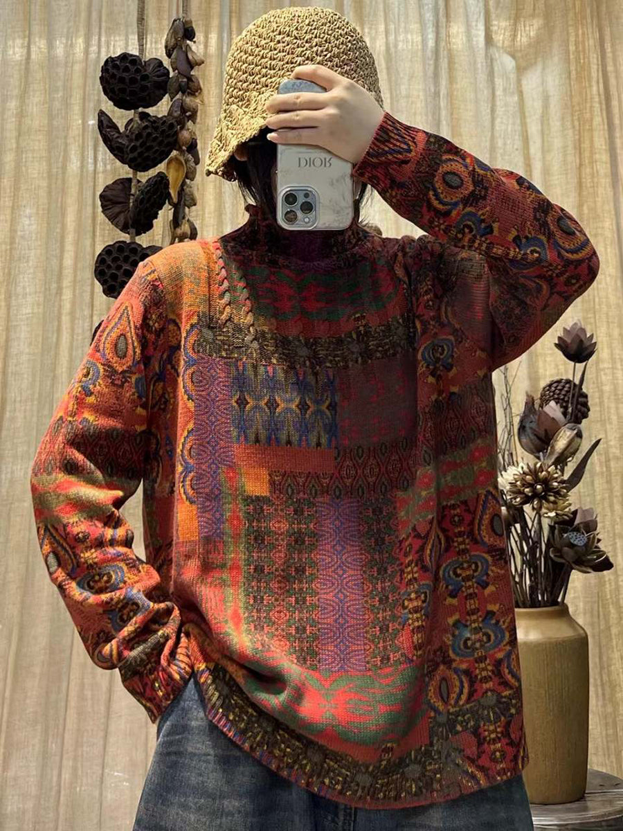 Women Vintage Print Knitted Turtleneck Loose Sweater