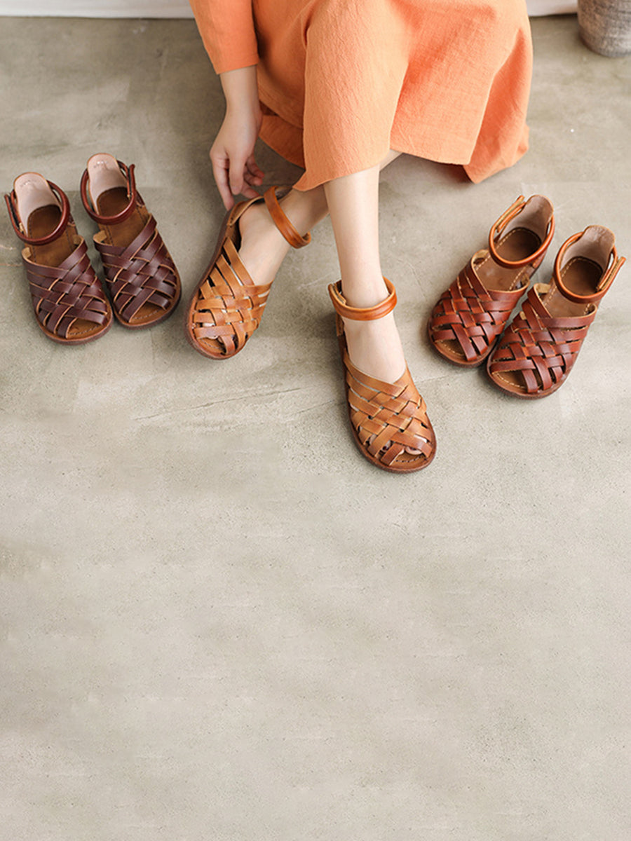Women Leather Retro Hollow Weave Sandals