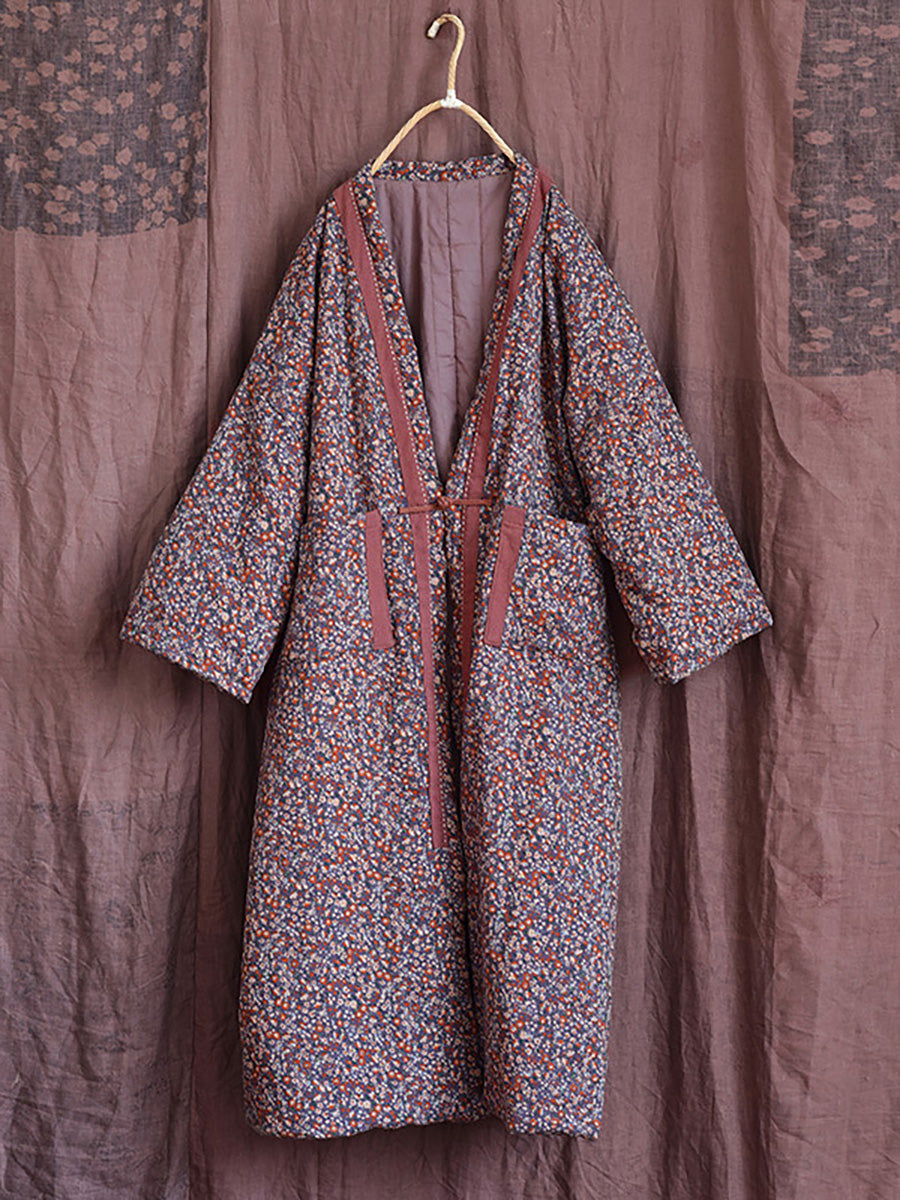 Women Vintage Winter Warm Floral Pocket Print Coat