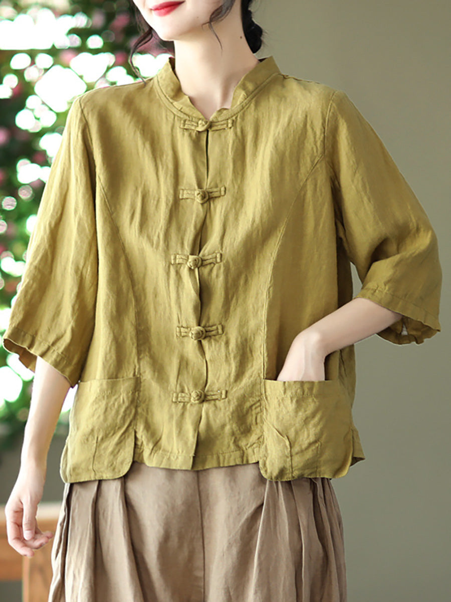 Stand Collar Vintage Linen Summer Women Shirt