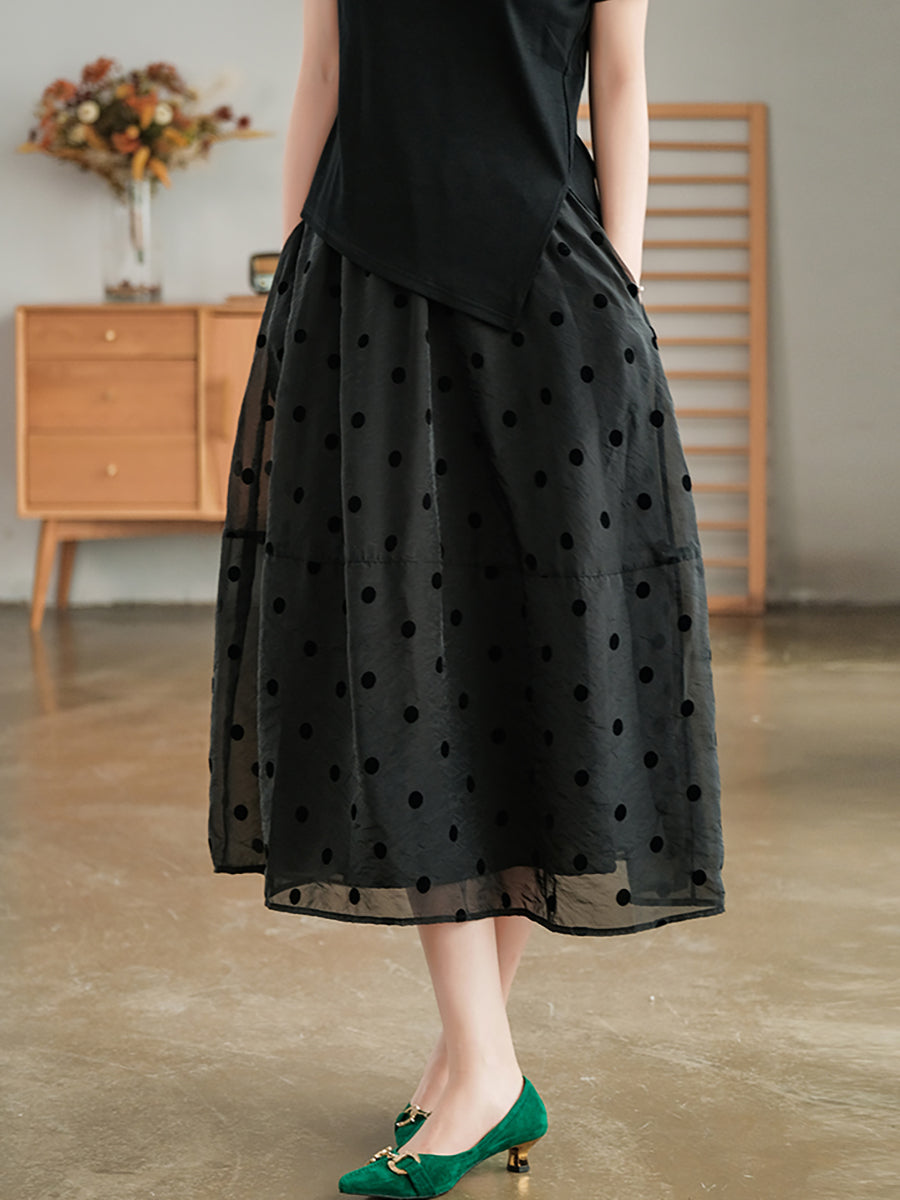Dot Double Layers Casual Elastic Waist Skirt