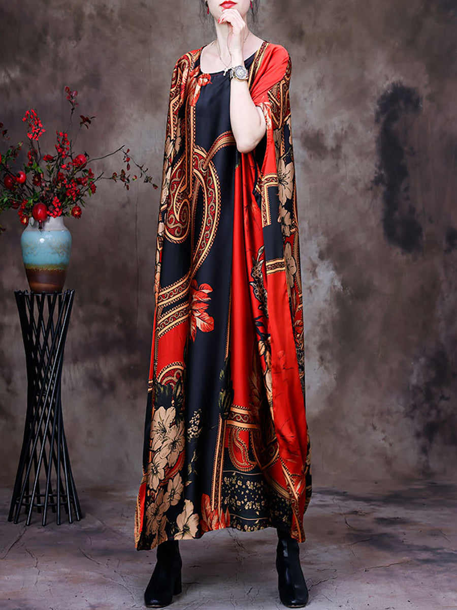 Robe longue ample vintage florale à manches chauve-souris d'été